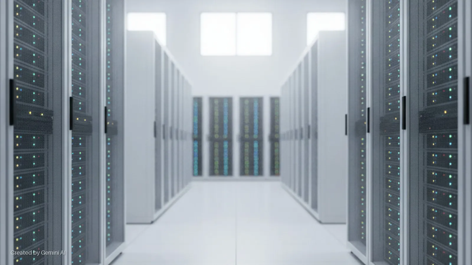 A well-lit aisle in a data center is lined with rows of server racks displaying colorful blinking indicator lights, with more racks and bright windows visible in the distant background.